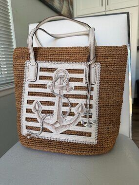 Brighton Dockside Nautical Woven Straw Leather Anchor Tote Bag